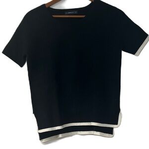 Zara Knit Women's Black Short Sleeve Sweater Sz M cropped casual work white trim